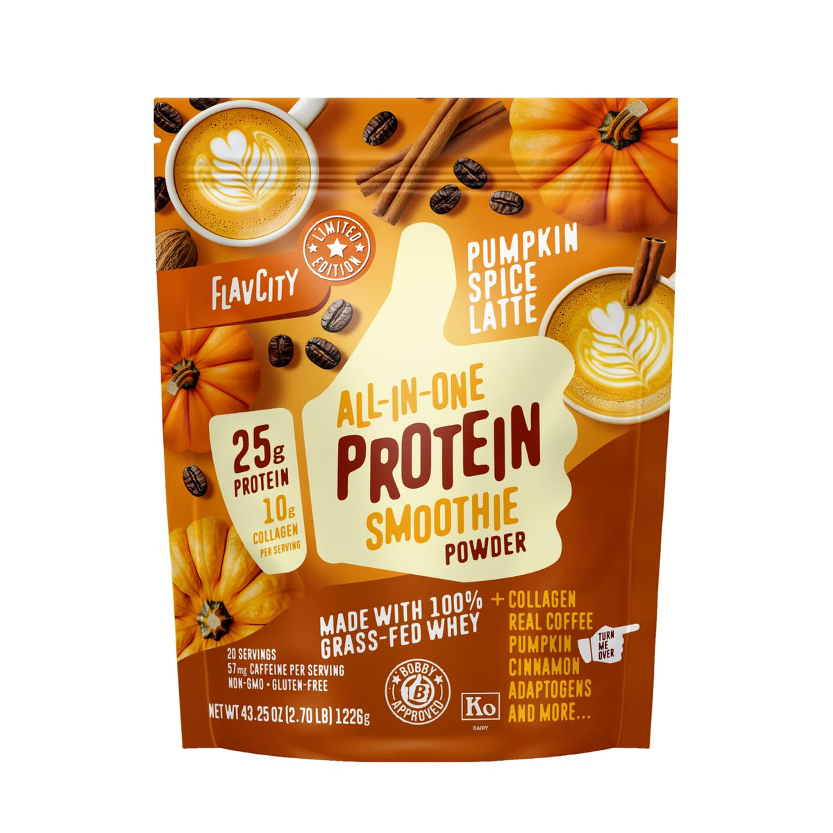 FlavCity Vanilla All in One Protein Shake Powder - On the Go Meal Alternative + Collagen Peptides, Reishi & Cordyceps - Focus, Skin, Hair & Joint Support - 100% Grass Fed Whey, 20 Servings