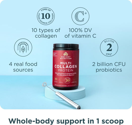 Ancient Nutrition Collagen Peptides Powder, Multi Collagen Protein, Women & Men, Vitamin C, Probiotics, Hydrolyzed Collagen, Supports Skin, Joints, Gut Health, Unflavored (40 Servings)