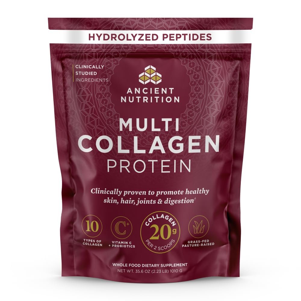 Ancient Nutrition Collagen Peptides Powder, Multi Collagen Protein, Women & Men, Vitamin C, Probiotics, Hydrolyzed Collagen, Supports Skin, Joints, Gut Health, Unflavored (40 Servings)