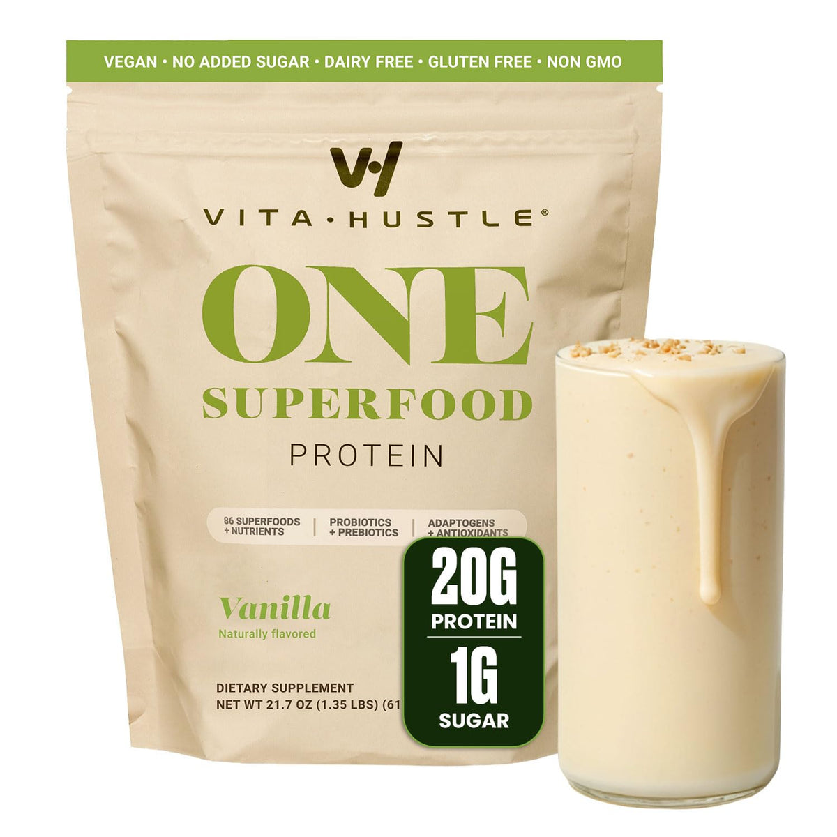 VitaHustle ONE Vegan Protein Powder, Chocolate, 15 Servings