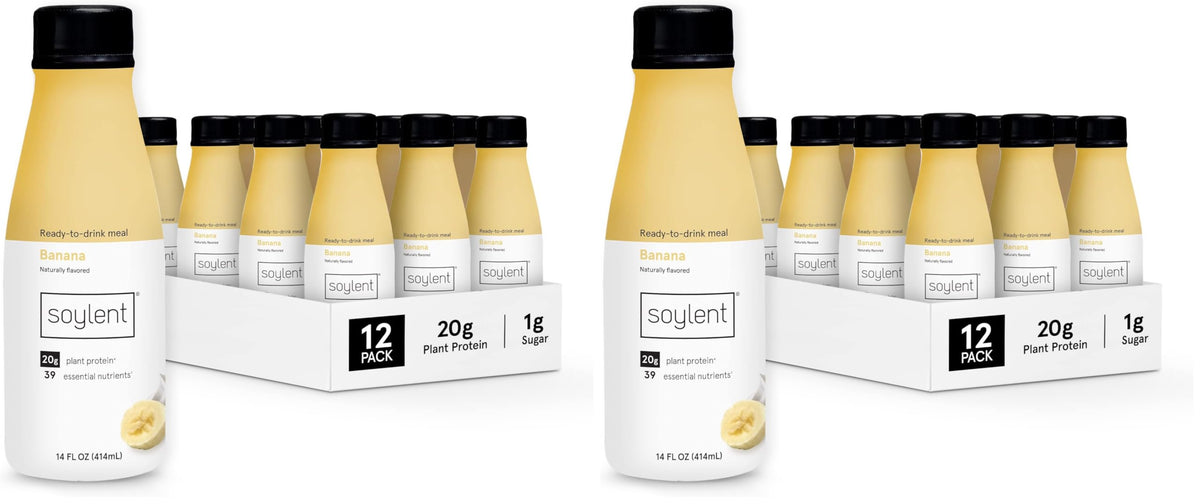 Soylent Banana Meal Replacement Shake, Ready-to-Drink Plant Based Protein Drink, Contains 20g Complete Vegan Protein and 1g Sugar, 14oz, 12 Pack