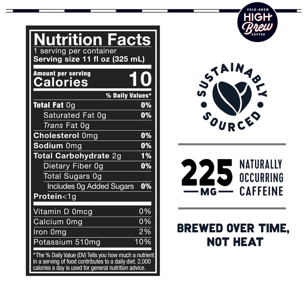 High Brew Coffee | Lightly Sweetened Cold Brew Iced Coffee with Pure Cane Sugar – 225 mg Natural Caffeine, Patiently Brewed, Never Heated. Low-Acid, Ready-to-Drink | 11 oz Can (Triple Shot Black)