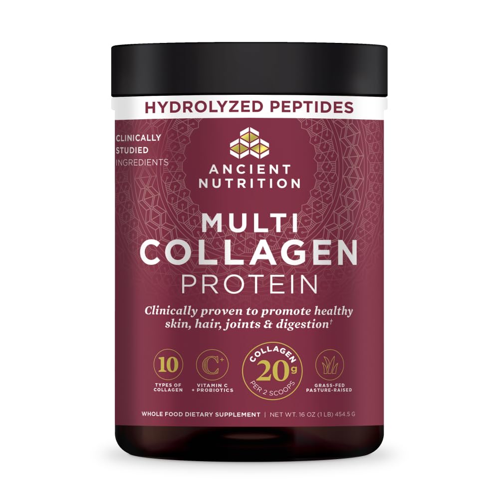 Ancient Nutrition Collagen Peptides Powder, Multi Collagen Protein, Women & Men, Vitamin C, Probiotics, Hydrolyzed Collagen, Supports Skin, Joints, Gut Health, Unflavored (40 Servings)