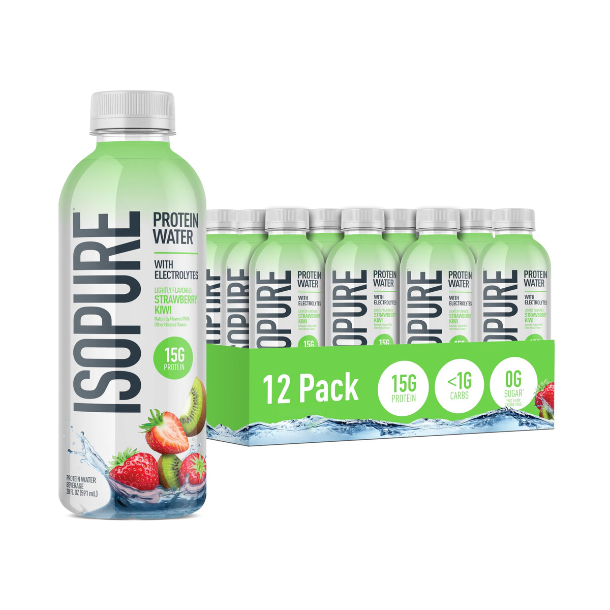 Isopure Clear Protein Water with Electrolytes, 15g Whey Protein Isolate, Zero Sugar, Unflavored, 20 fl oz Bottles, 12-Pack
