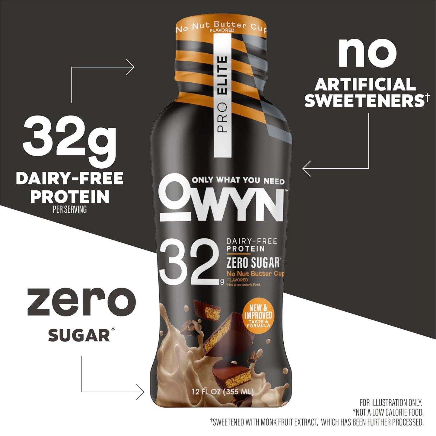 OWYN Only What You Need 32g No Nut Buttercup Flavored Protein Shake, 12 Ct | 32g Protein, Zero Sugar, 3g Fiber, Dairy Free, Plant Protein, Gluten Free, Individual 12fl oz Bottles