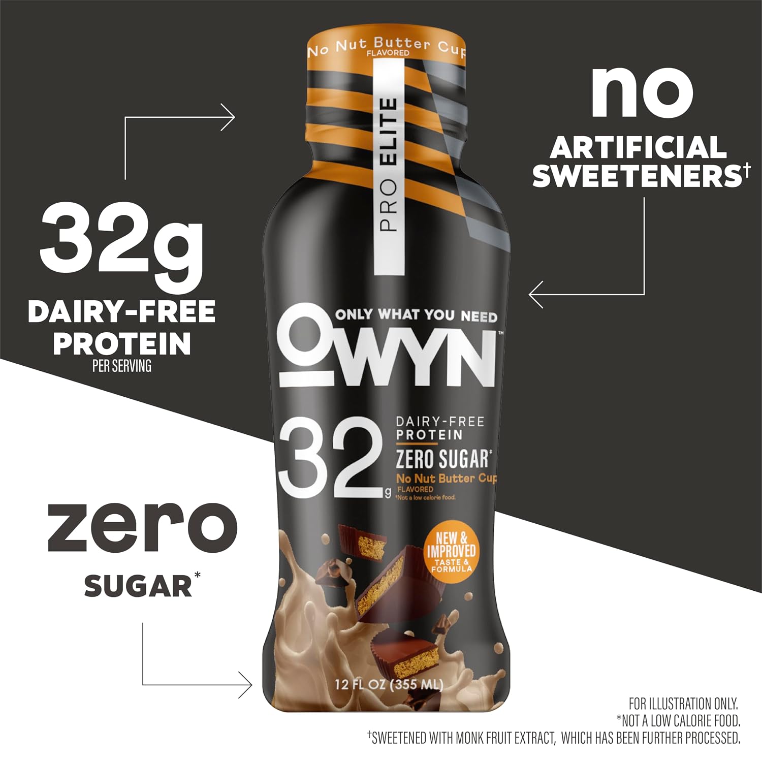 OWYN Only What You Need 32g No Nut Buttercup Flavored Protein Shake, 12 Ct | 32g Protein, Zero Sugar, 3g Fiber, Dairy Free, Plant Protein, Gluten Free, Individual 12fl oz Bottles