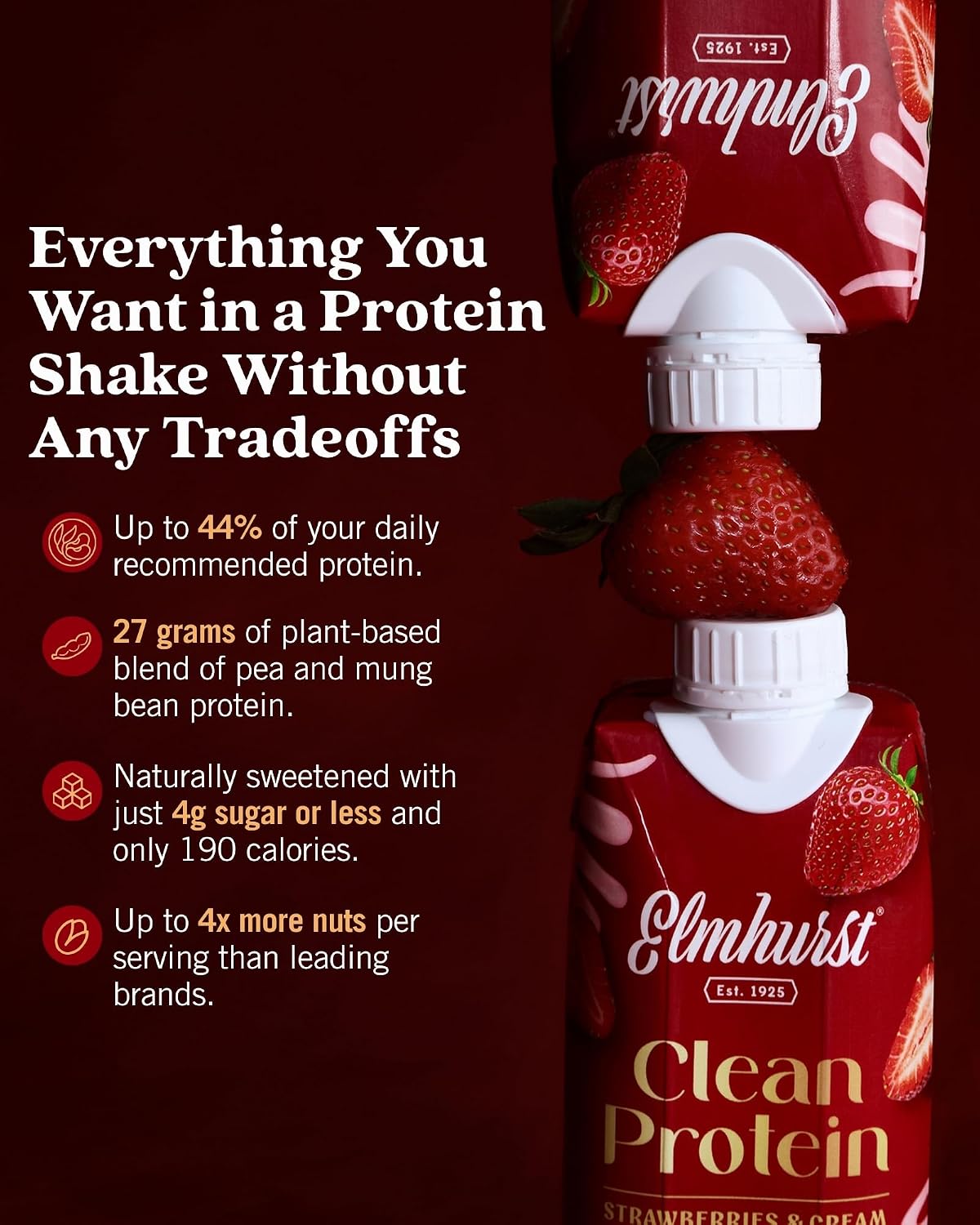 Elmhurst 1925 Strawberries & Cream Vegan Protein Shakes, 11 Oz (12-Pack)