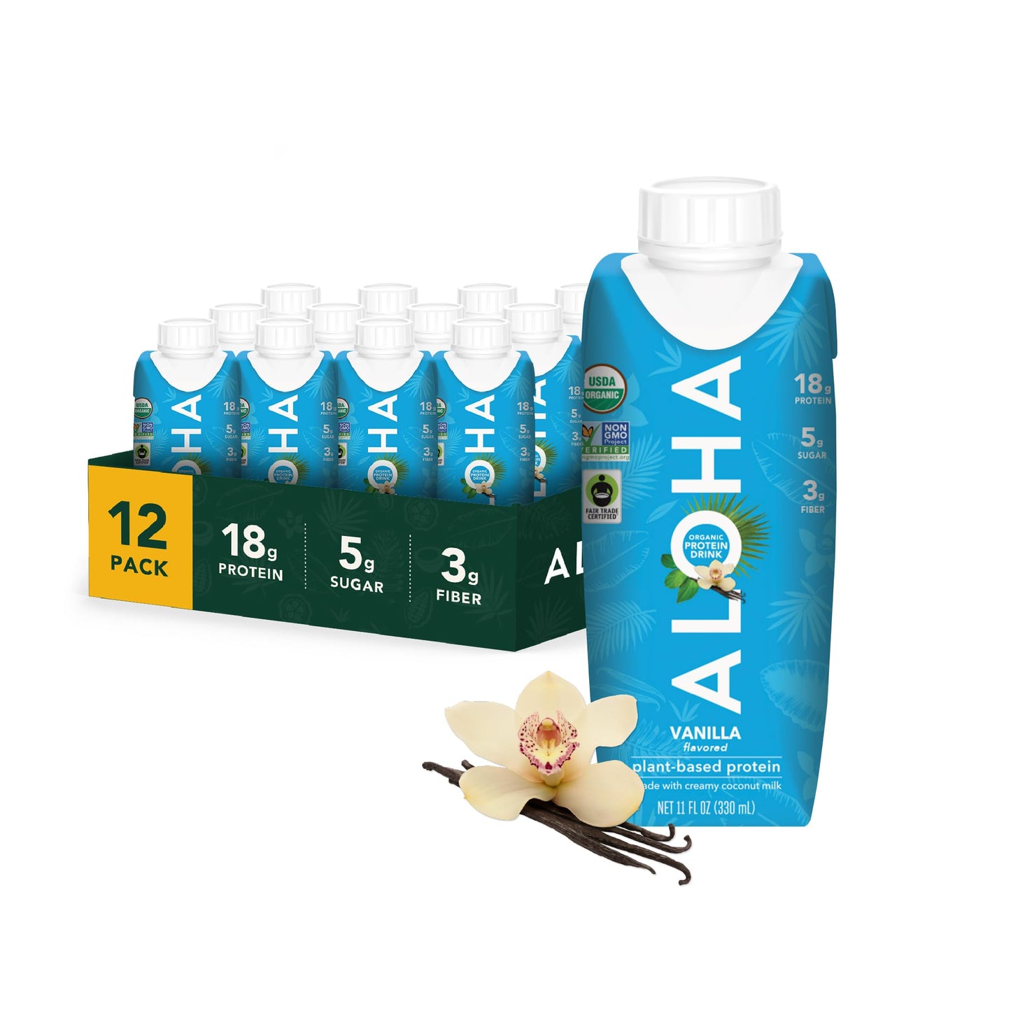 ALOHA Organic Protein Drink, Chocolate Sea Salt, Low Sugar & Dairy Free Ready-to-Drink Protein Shake, Plant Based, Non-Dairy, Clean Ingredients, GLP-1 Friendly, 18g Protein, Gluten Free