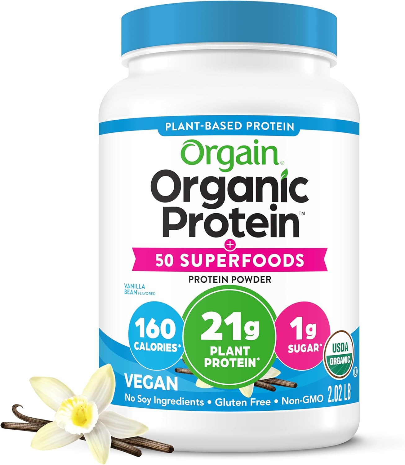 Orgain Organic Vegan Protein + 50 Superfoods Powder, Vanilla Bean - 21g Plant Based Protein, 8g Prebiotic Fiber, No Lactose Ingredients, Gluten Free, No Added Sugar, Non-GMO, 2.02 lb