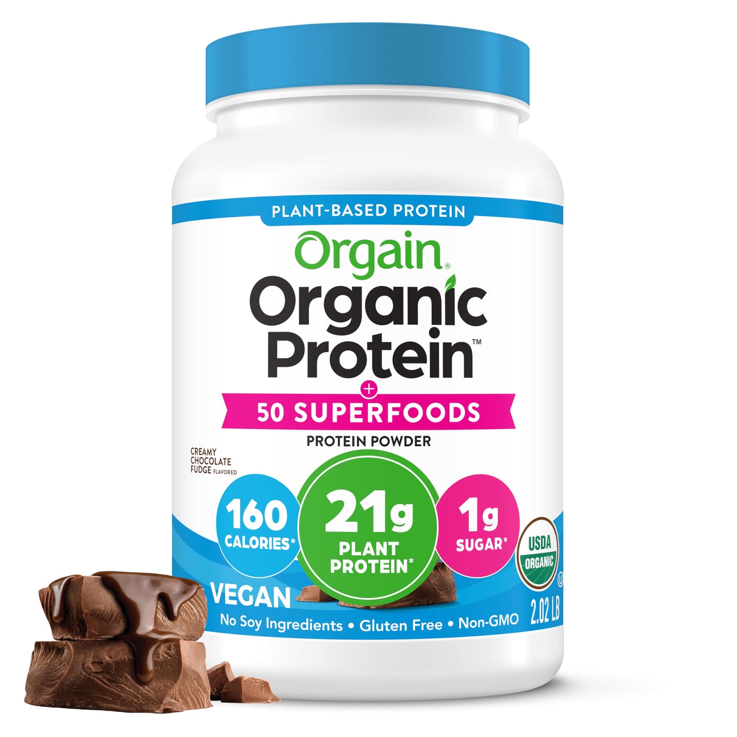 Orgain Organic Vegan Protein + 50 Superfoods Powder, Vanilla Bean - 21g Plant Based Protein, 8g Prebiotic Fiber, No Lactose Ingredients, Gluten Free, No Added Sugar, Non-GMO, 2.02 lb