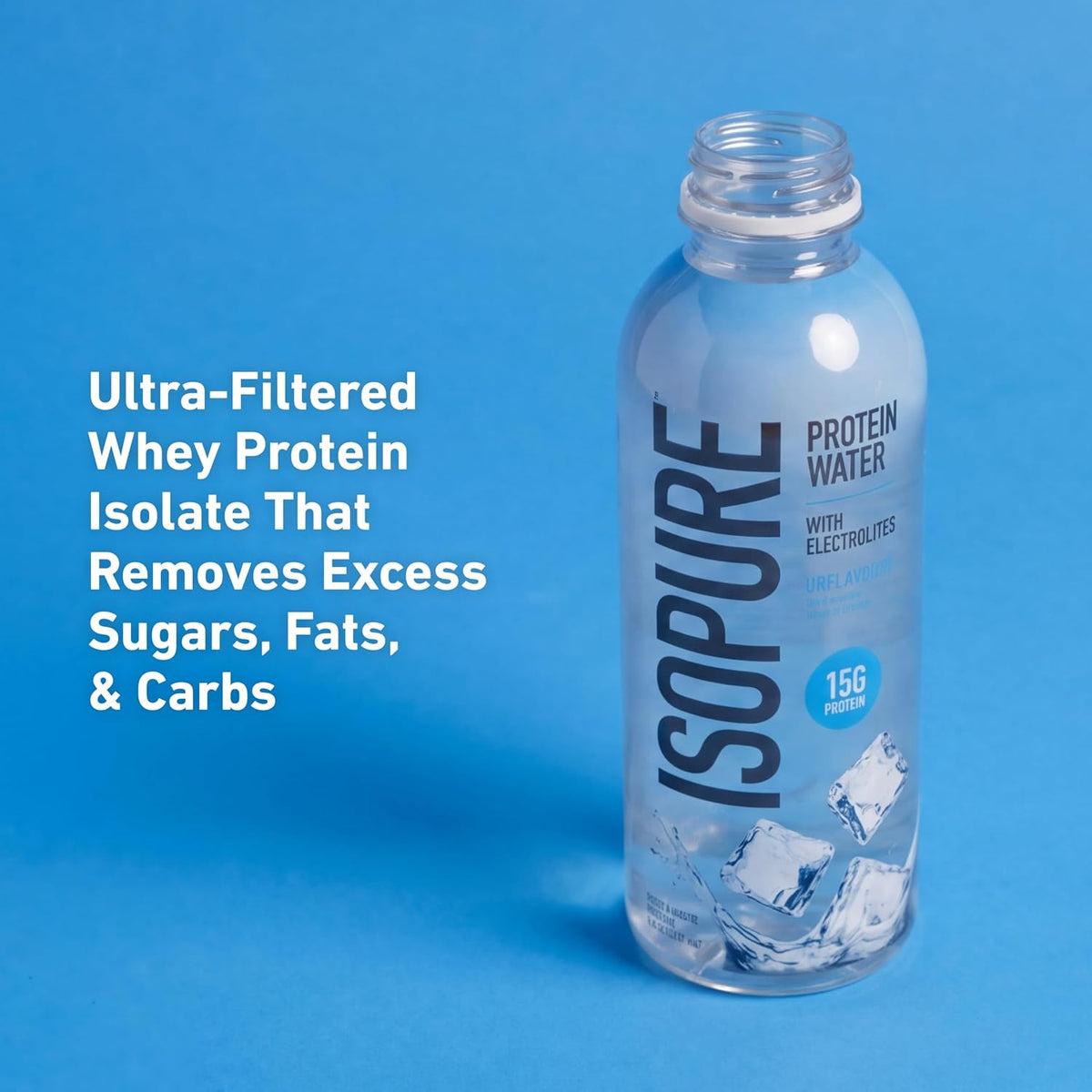 Isopure Clear Protein Water with Electrolytes, 15g Whey Protein Isolate, Zero Sugar, Unflavored, 20 fl oz Bottles, 12-Pack