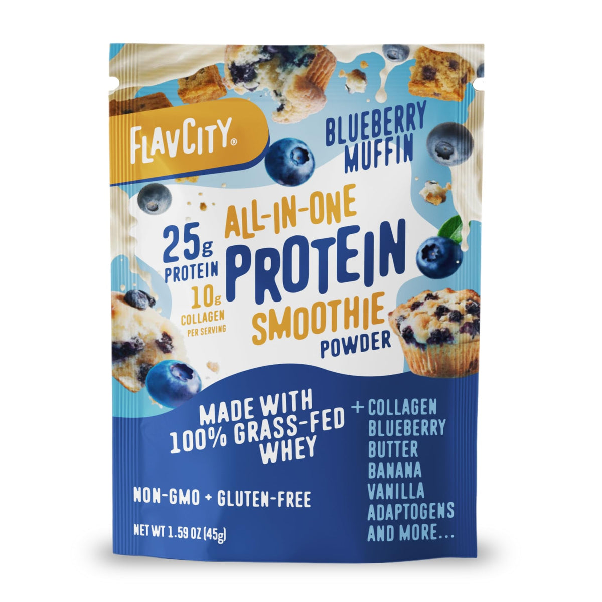 FlavCity Vanilla All in One Protein Shake Powder - On the Go Meal Alternative + Collagen Peptides, Reishi & Cordyceps - Focus, Skin, Hair & Joint Support - 100% Grass Fed Whey, 20 Servings