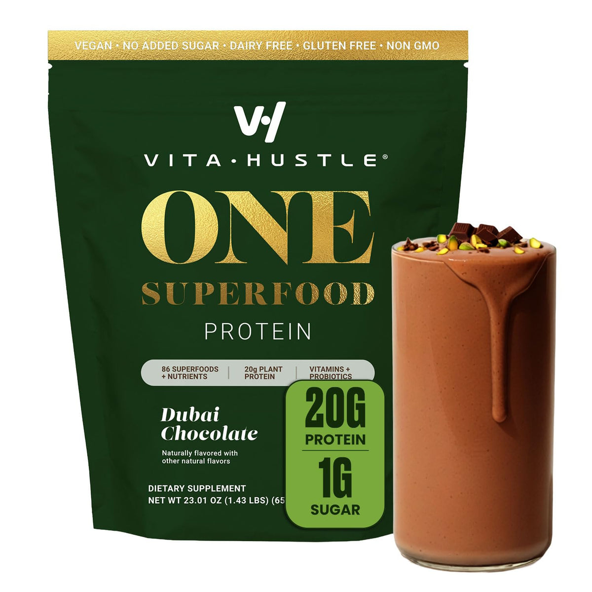 VitaHustle ONE Vegan Protein Powder, Chocolate, 15 Servings