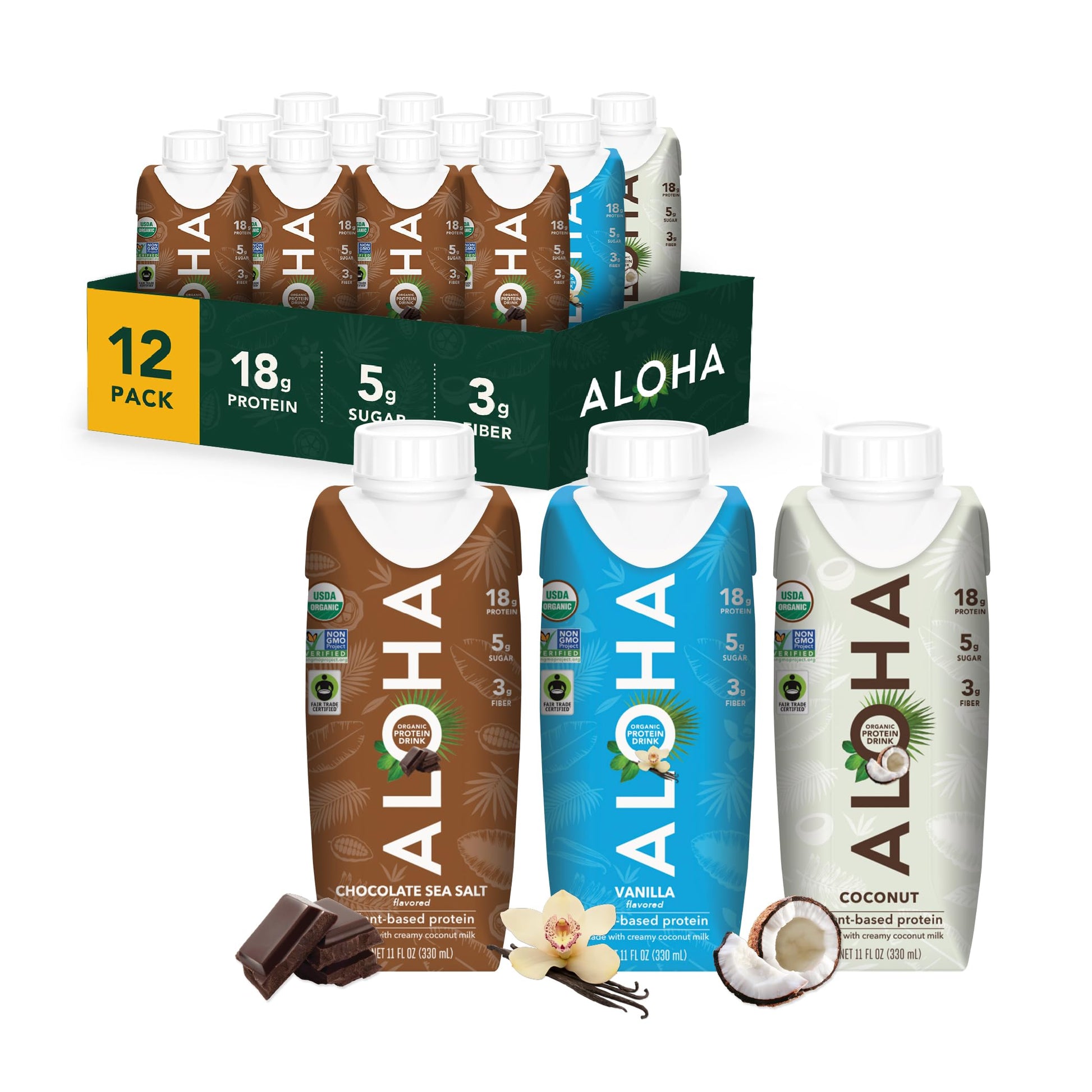 ALOHA Organic Protein Drink, Chocolate Sea Salt, Low Sugar & Dairy Free Ready-to-Drink Protein Shake, Plant Based, Non-Dairy, Clean Ingredients, GLP-1 Friendly, 18g Protein, Gluten Free