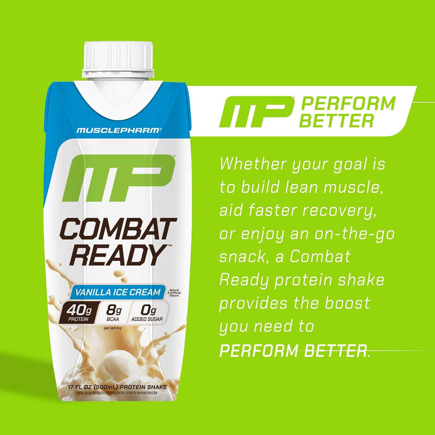 MusclePharm Combat Ready Protein Shake Vanilla Ice Cream Flavor - Pack of 12