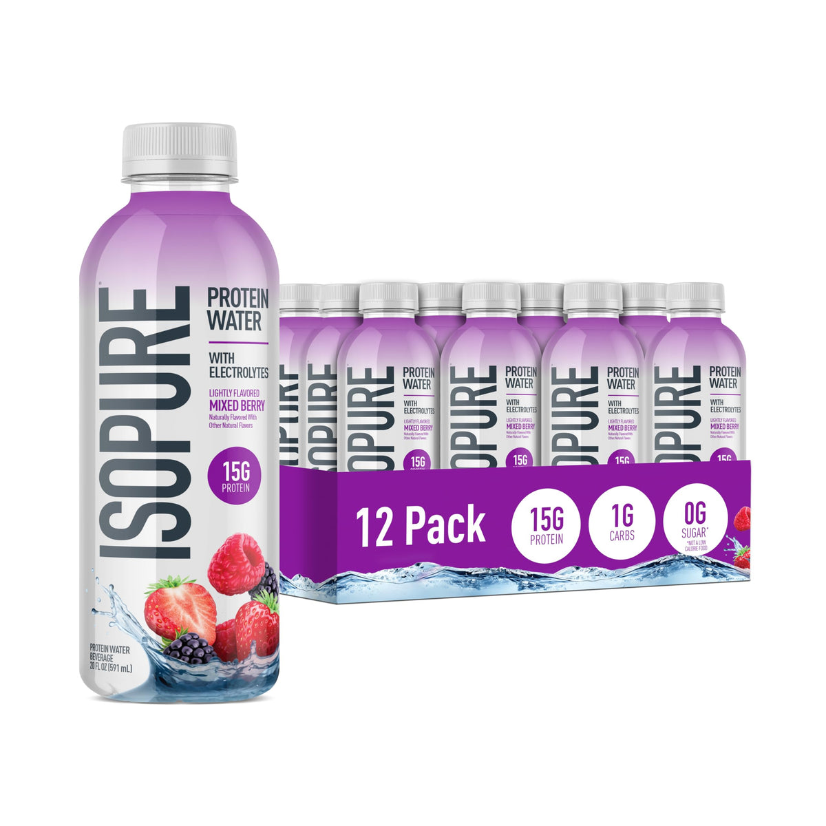 Isopure Clear Protein Water with Electrolytes, 15g Whey Protein Isolate, Zero Sugar, Unflavored, 20 fl oz Bottles, 12-Pack