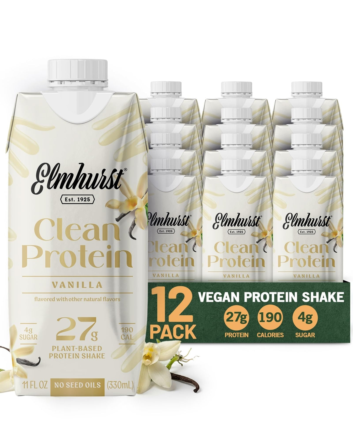 Elmhurst 1925 Strawberries & Cream Vegan Protein Shakes, 11 Oz (12-Pack)
