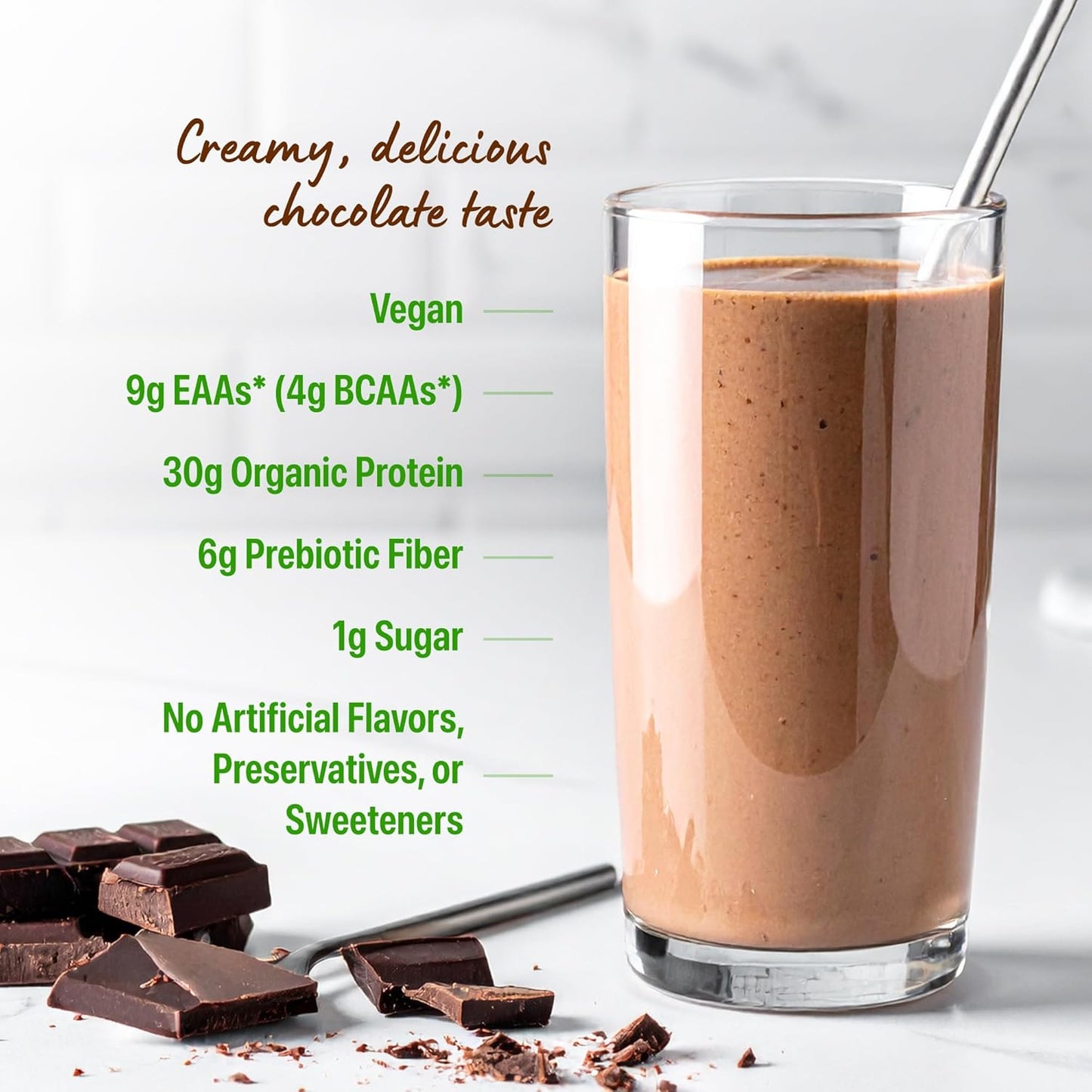 Orgain Organic 30g Vegan Protein Powder, Chocolate 9g EAAs + BCAAs, Plant Protein, 6g Prebiotic + Fiber, 1g Sugar, Pre-Workout, Muscle Support + Recovery - 2.01lb (Packaging May Vary)