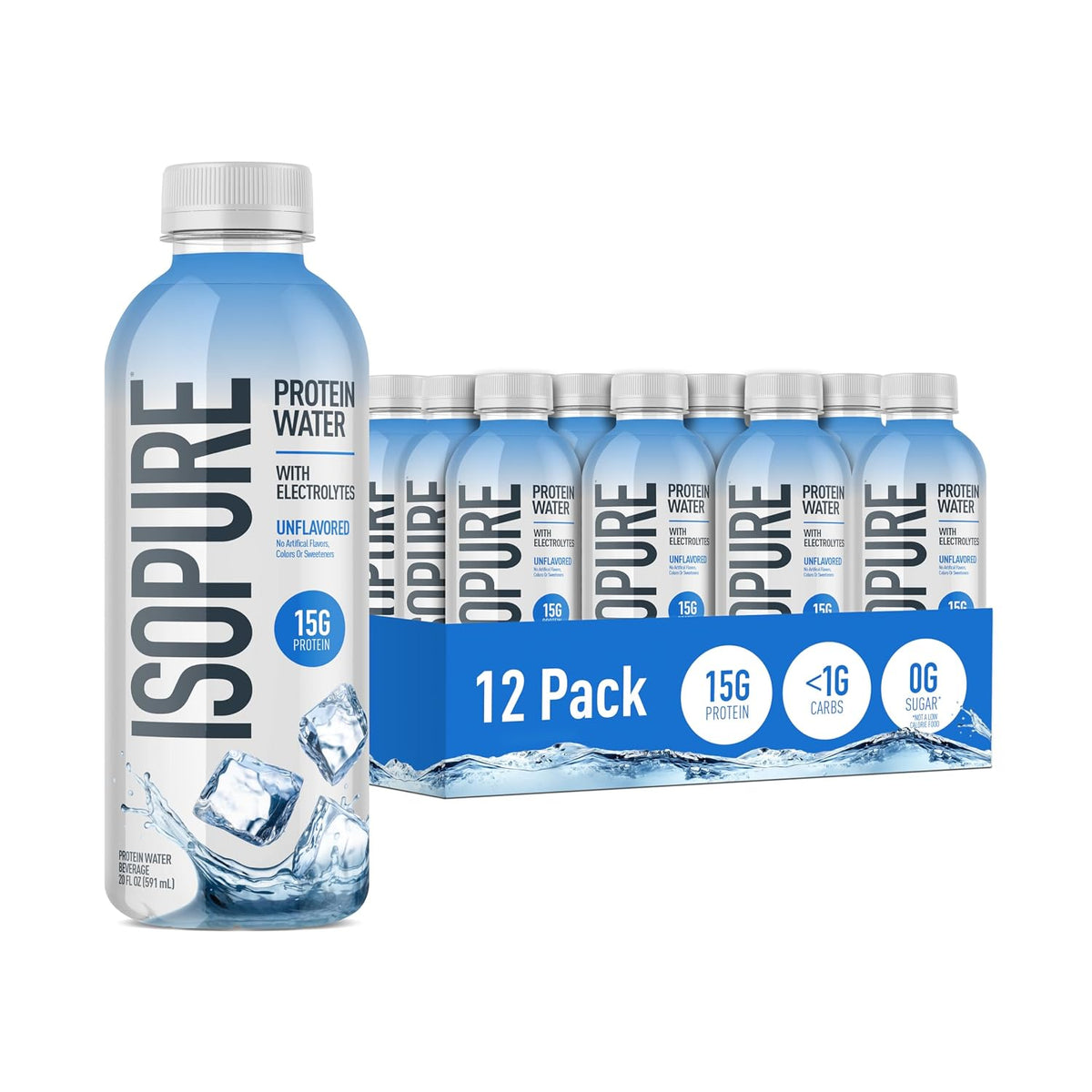 Isopure Clear Protein Water with Electrolytes, 15g Whey Protein Isolate, Zero Sugar, Unflavored, 20 fl oz Bottles, 12-Pack