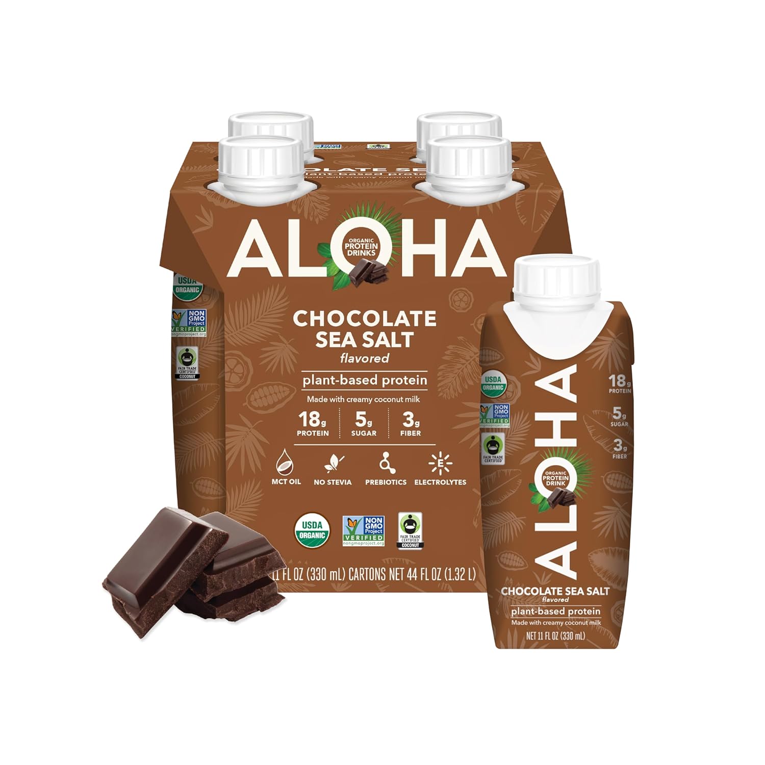 ALOHA Organic Protein Drink, Chocolate Sea Salt, Low Sugar & Dairy Free Ready-to-Drink Protein Shake, Plant Based, Non-Dairy, Clean Ingredients, GLP-1 Friendly, 18g Protein, Gluten Free