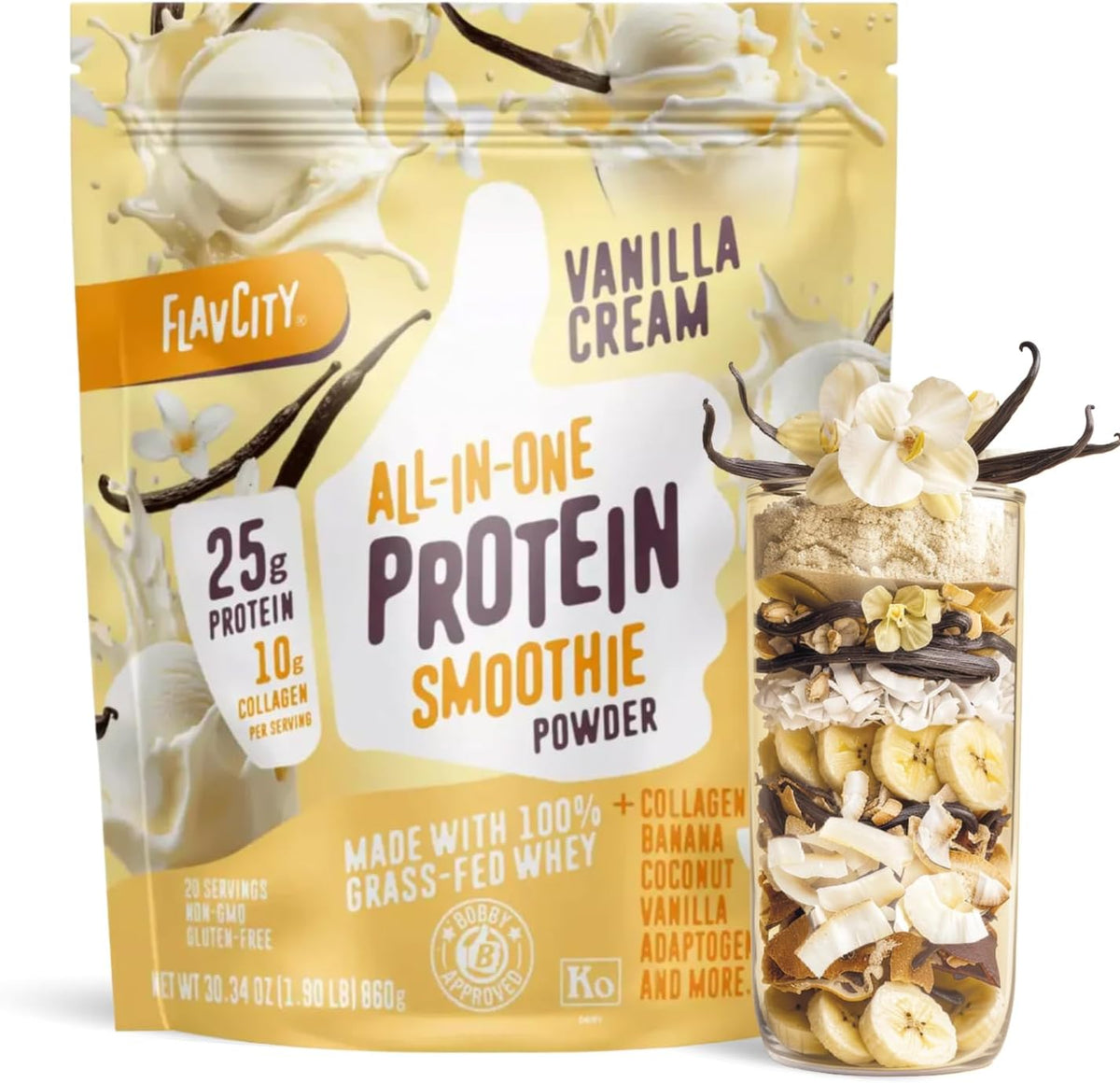 FlavCity Vanilla All in One Protein Shake Powder - On the Go Meal Alternative + Collagen Peptides, Reishi & Cordyceps - Focus, Skin, Hair & Joint Support - 100% Grass Fed Whey, 20 Servings