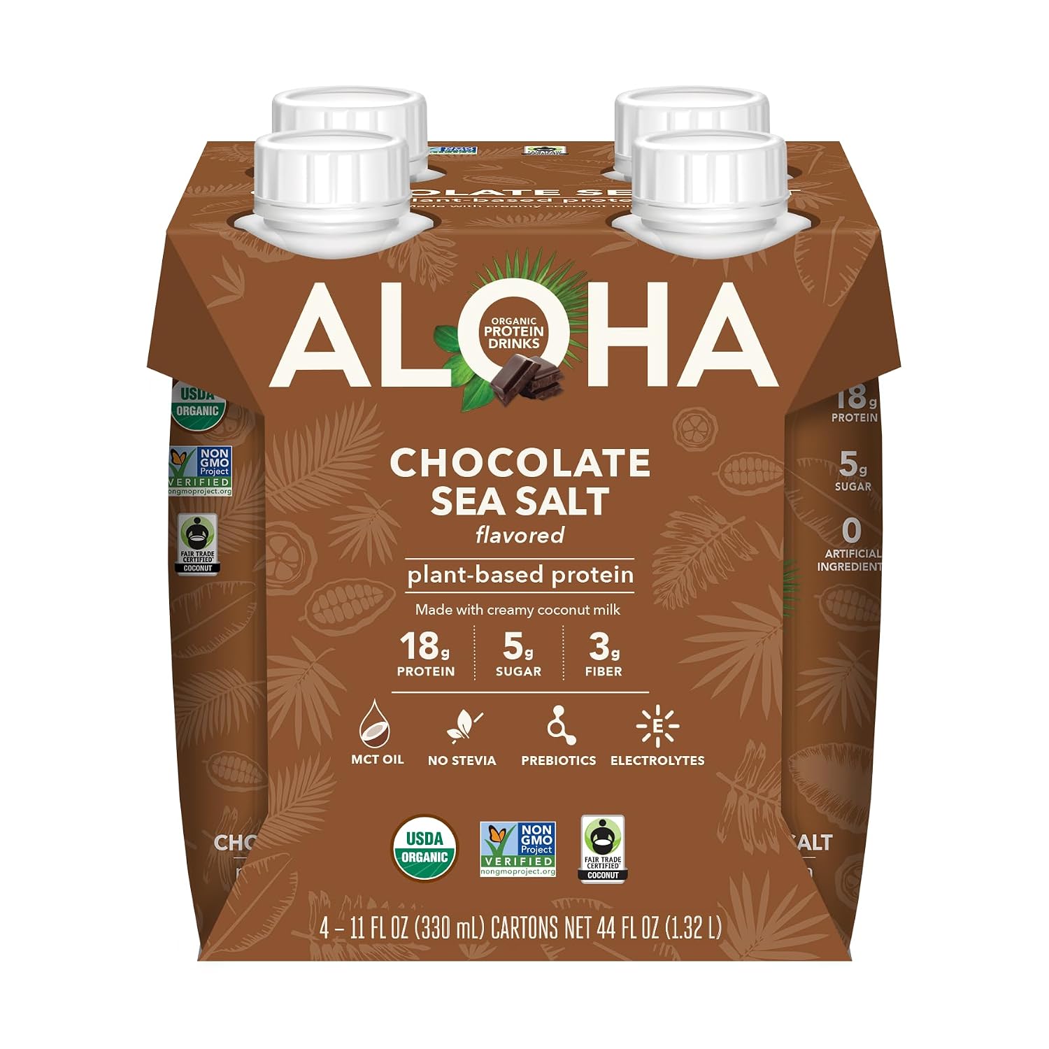ALOHA Organic Protein Drink, Chocolate Sea Salt, Low Sugar & Dairy Free Ready-to-Drink Protein Shake, Plant Based, Non-Dairy, Clean Ingredients, GLP-1 Friendly, 18g Protein, Gluten Free