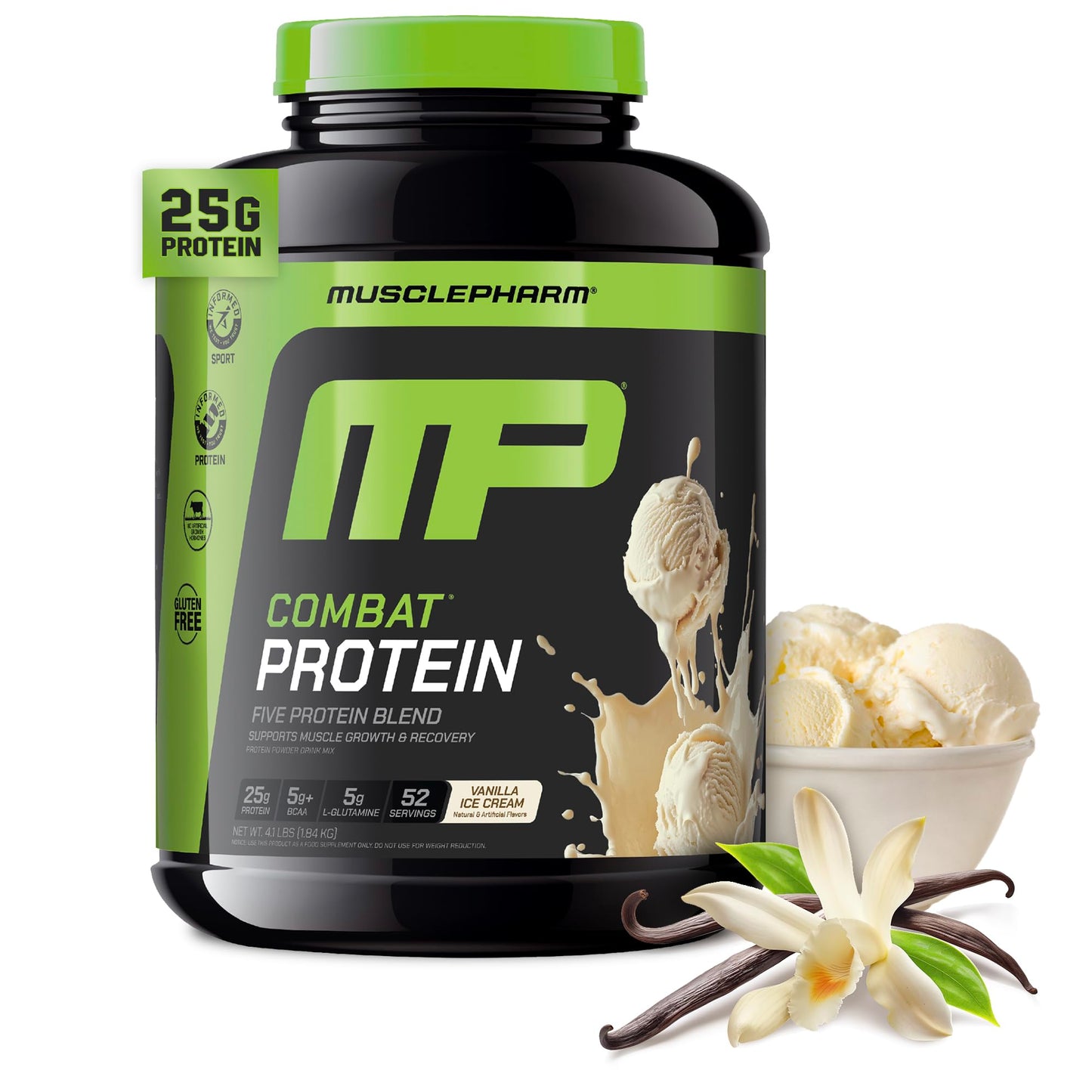 MusclePharm Combat Protein Powder, Cookies ‘N’ Cream Flavor, Fuels Muscles for Productive Workouts, 5 Protein Sources including Whey Protein Isolate & Egg Albumin, Gluten Free, 4 lb, 52 Servings