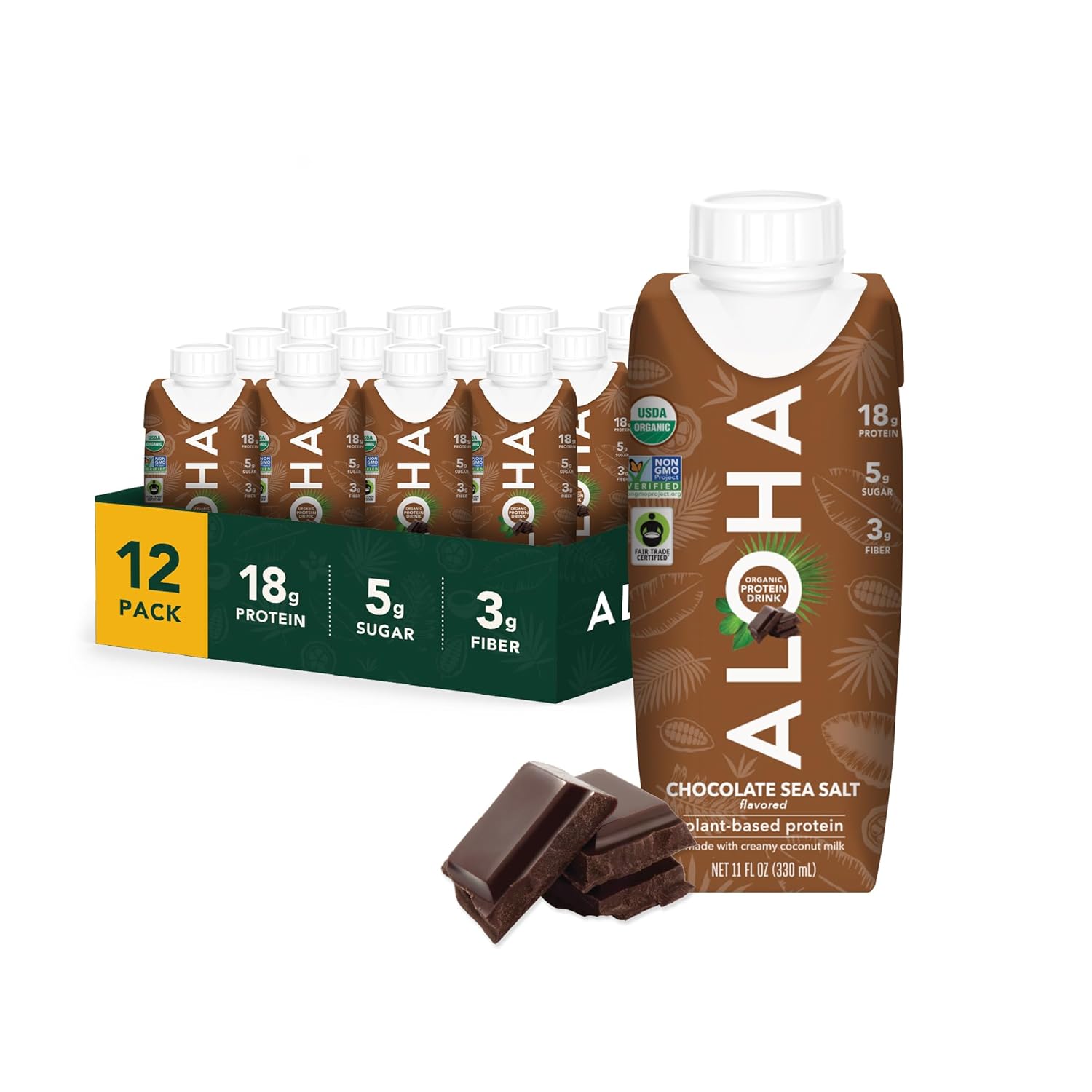 ALOHA Organic Protein Drink, Chocolate Sea Salt, Low Sugar & Dairy Free Ready-to-Drink Protein Shake, Plant Based, Non-Dairy, Clean Ingredients, GLP-1 Friendly, 18g Protein, Gluten Free