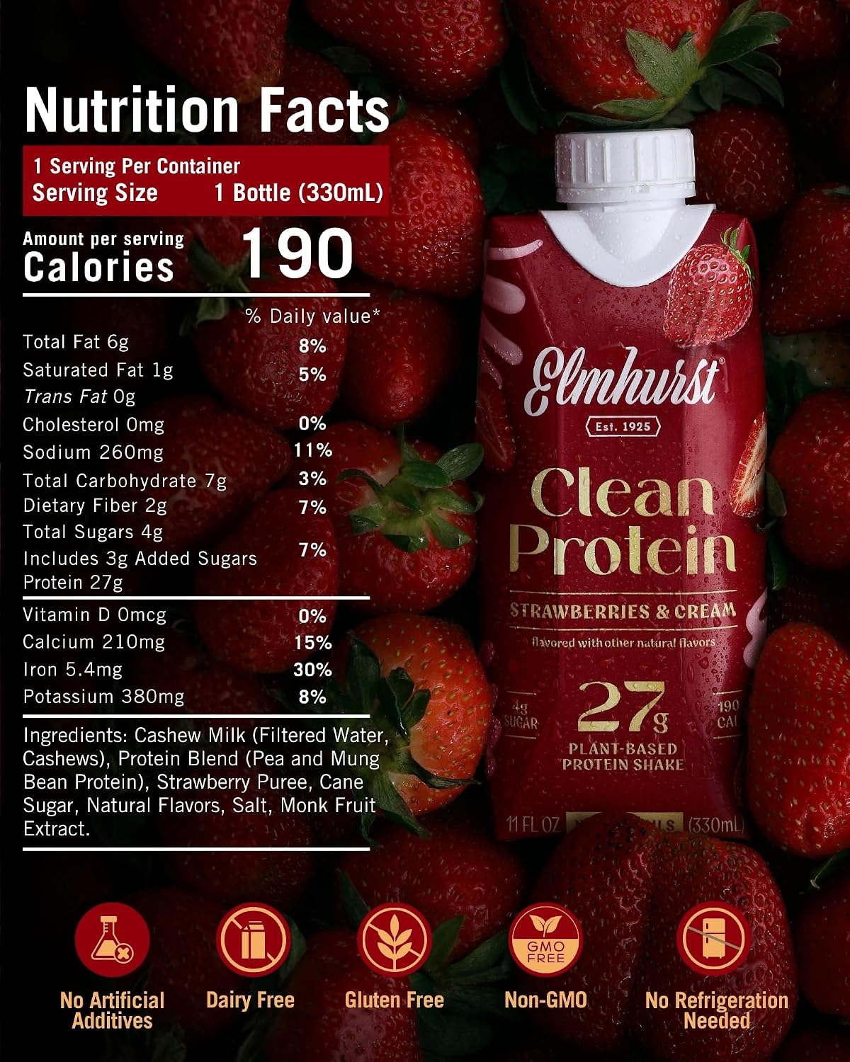 Elmhurst 1925 Strawberries & Cream Vegan Protein Shakes, 11 Oz (12-Pack)