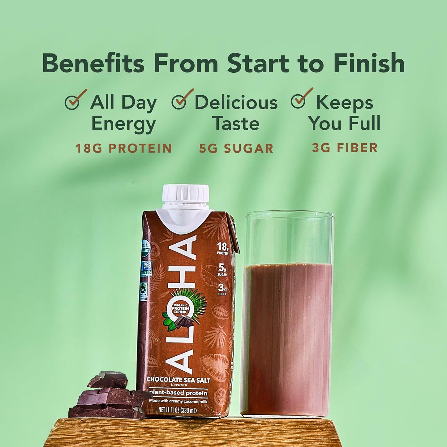 ALOHA Organic Protein Drink, Chocolate Sea Salt, Low Sugar & Dairy Free Ready-to-Drink Protein Shake, Plant Based, Non-Dairy, Clean Ingredients, GLP-1 Friendly, 18g Protein, Gluten Free
