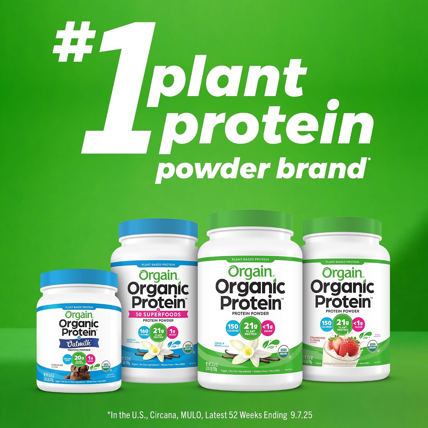 Orgain Organic Vegan Protein + 50 Superfoods Powder, Vanilla Bean - 21g Plant Based Protein, 8g Prebiotic Fiber, No Lactose Ingredients, Gluten Free, No Added Sugar, Non-GMO, 2.02 lb