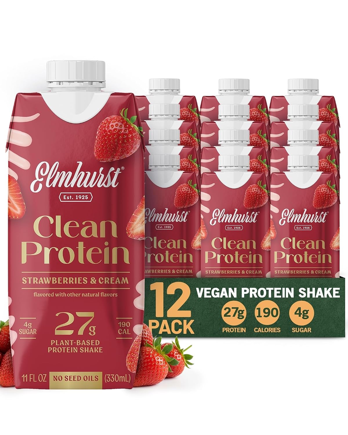 Elmhurst 1925 Strawberries & Cream Vegan Protein Shakes, 11 Oz (12-Pack)