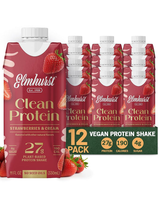 Elmhurst 1925 Strawberries & Cream Vegan Protein Shakes, 11 Oz (12-Pack)