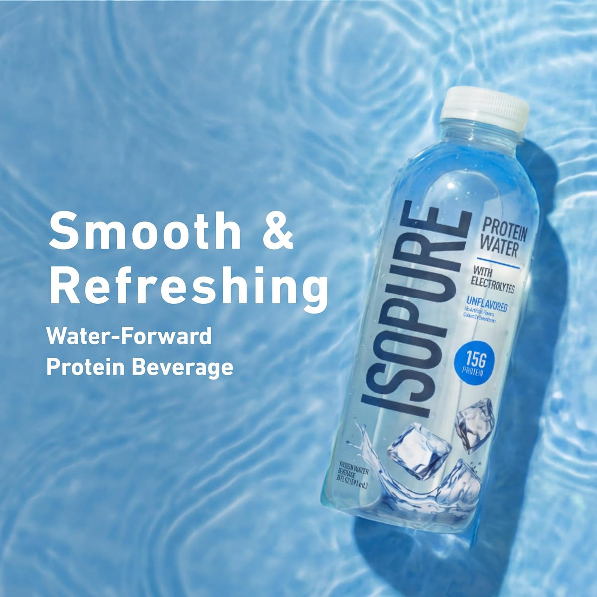 Isopure Clear Protein Water with Electrolytes, 15g Whey Protein Isolate, Zero Sugar, Unflavored, 20 fl oz Bottles, 12-Pack