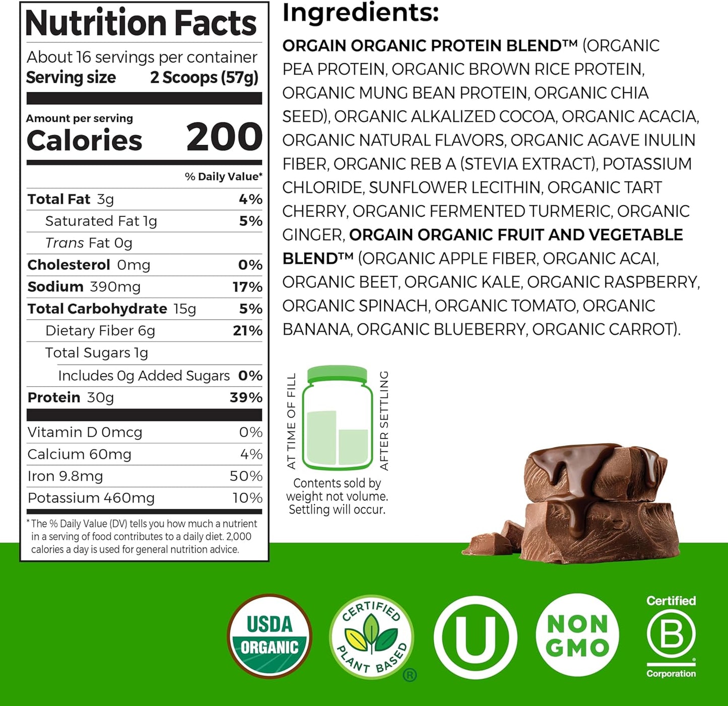Orgain Organic 30g Vegan Protein Powder, Chocolate 9g EAAs + BCAAs, Plant Protein, 6g Prebiotic + Fiber, 1g Sugar, Pre-Workout, Muscle Support + Recovery - 2.01lb (Packaging May Vary)