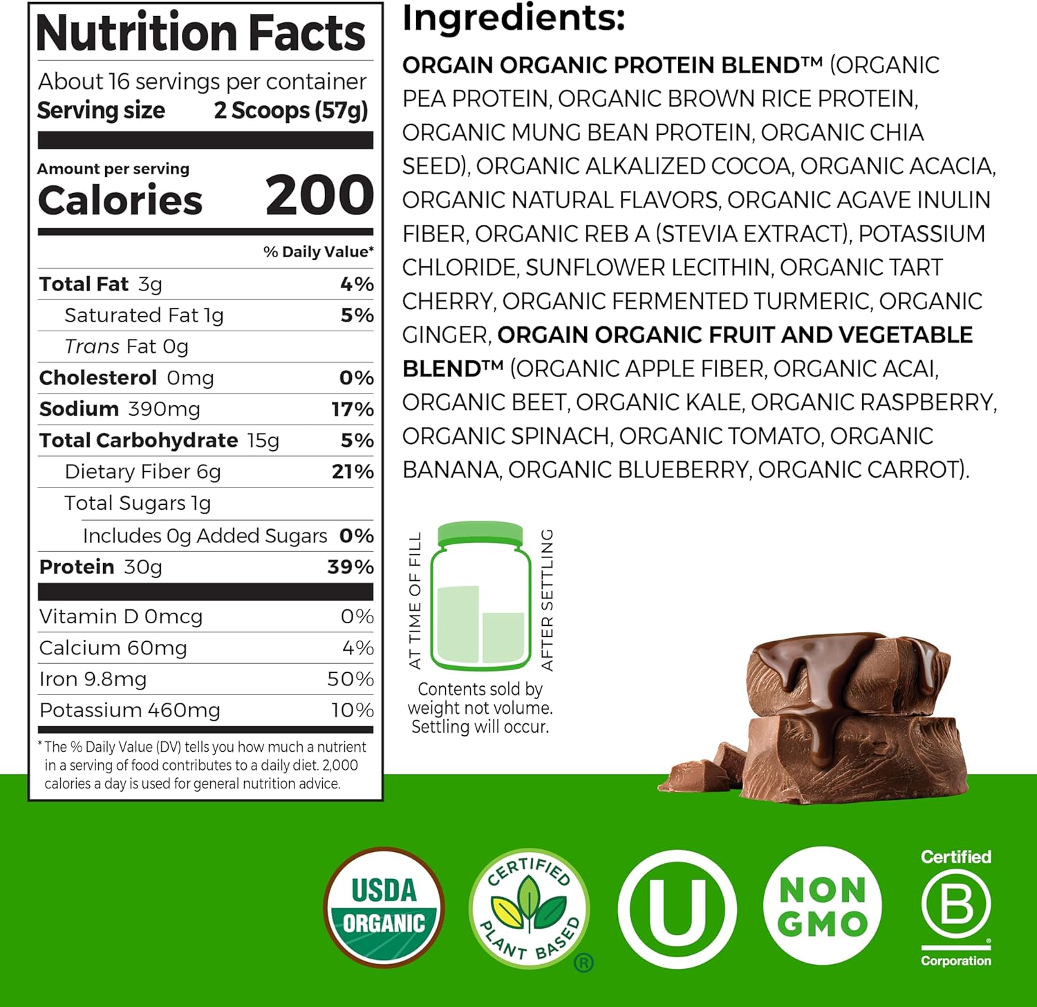 Orgain Organic 30g Vegan Protein Powder, Chocolate 9g EAAs + BCAAs, Plant Protein, 6g Prebiotic + Fiber, 1g Sugar, Pre-Workout, Muscle Support + Recovery - 2.01lb (Packaging May Vary)