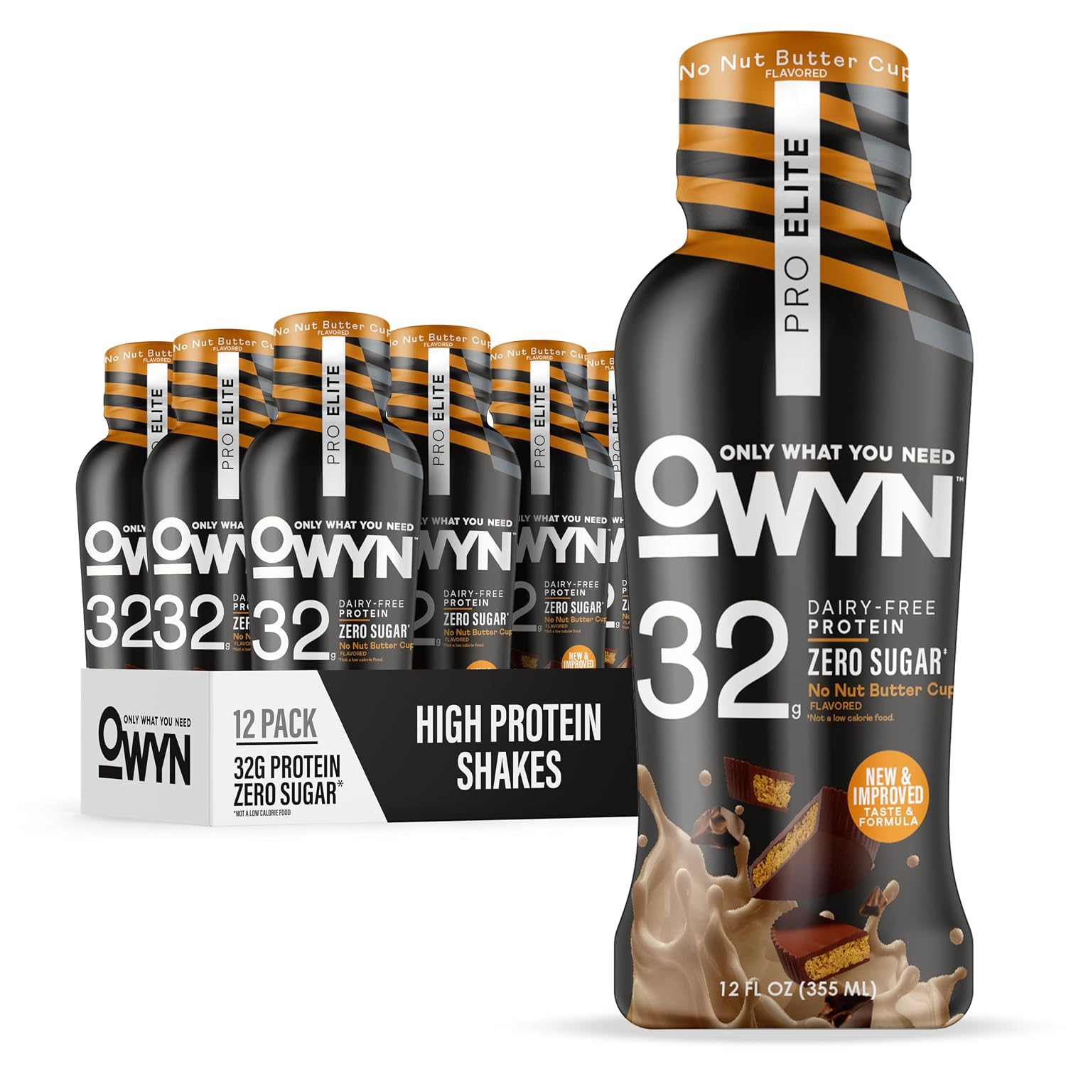 OWYN Only What You Need 32g No Nut Buttercup Flavored Protein Shake, 12 Ct | 32g Protein, Zero Sugar, 3g Fiber, Dairy Free, Plant Protein, Gluten Free, Individual 12fl oz Bottles