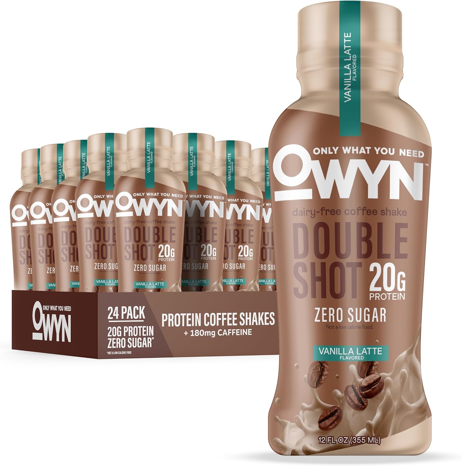 OWYN Only What You Need Vanilla Latte Flavored 20g Protein Shake, 12 Ct | 20g Protein, Zero Sugar, 180mg Caffeine, Dairy Free, Plant Protein, Gluten Free, Individual 12fl oz Bottles