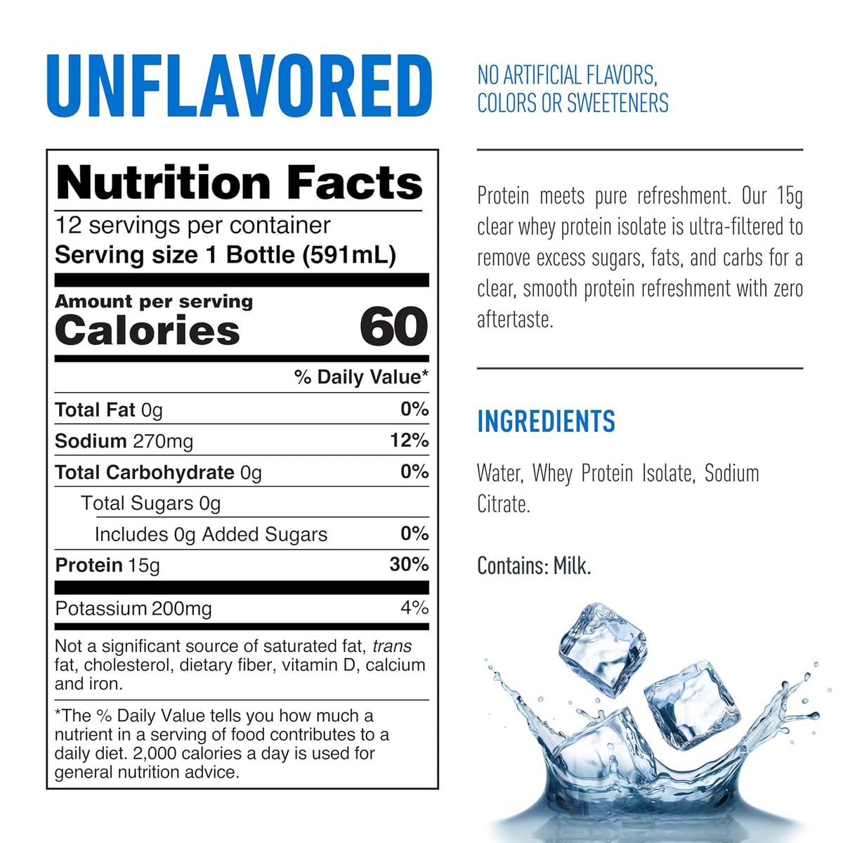 Isopure Clear Protein Water with Electrolytes, 15g Whey Protein Isolate, Zero Sugar, Unflavored, 20 fl oz Bottles, 12-Pack