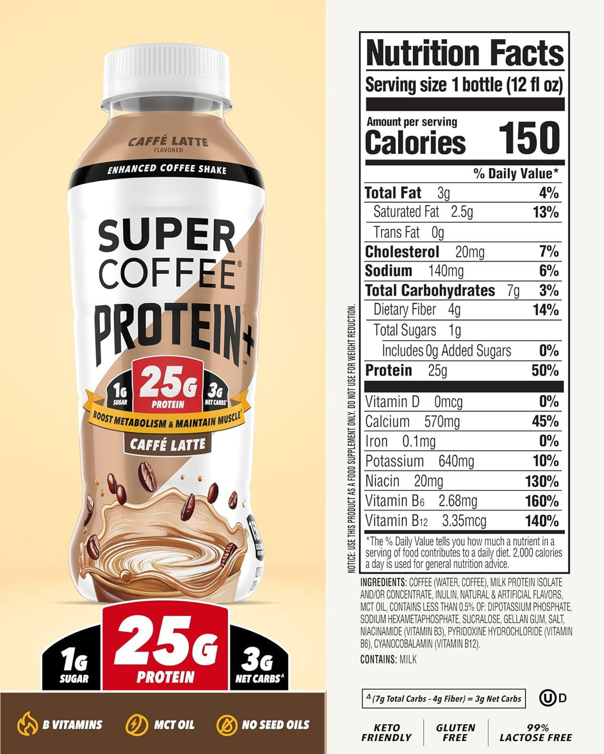 Super Coffee Protein+ Caffe Latte Protein Coffee 25g Protein 11oz 18Pk