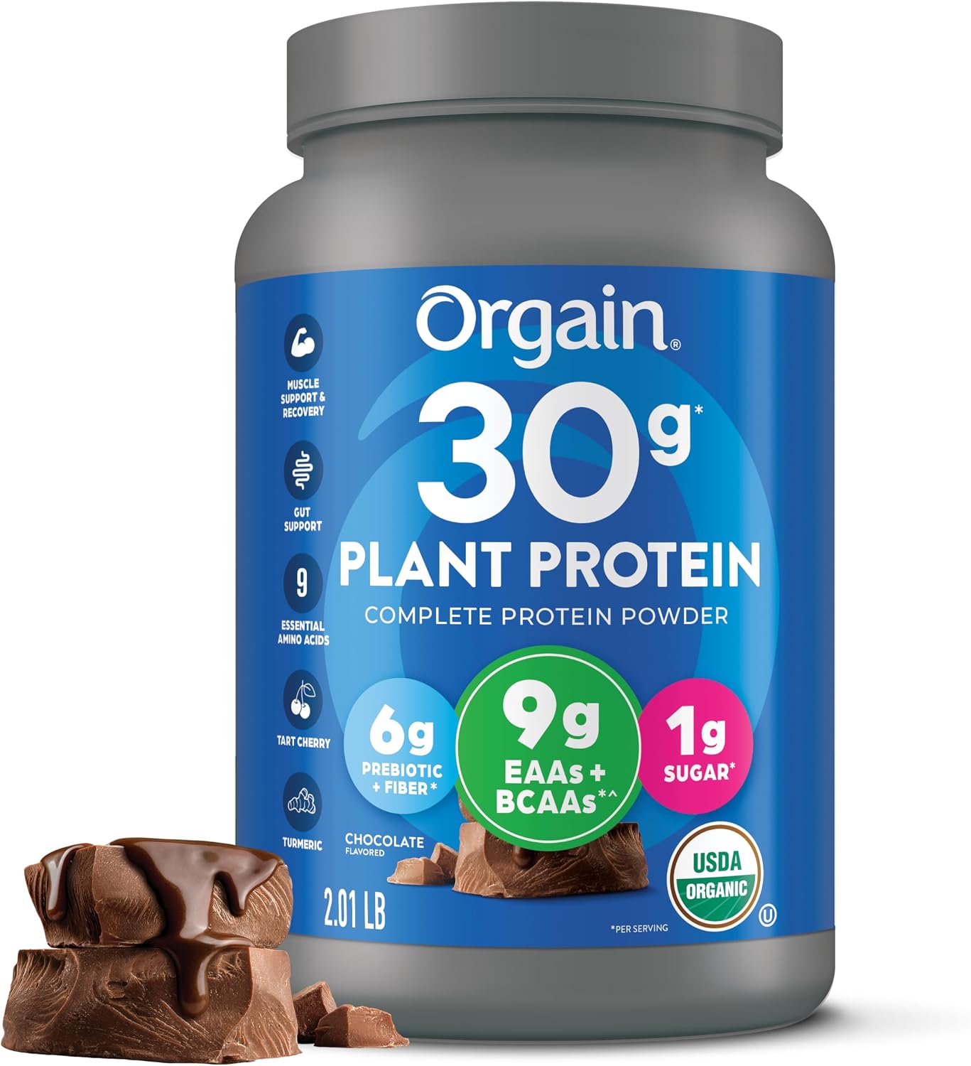 Orgain Organic 30g Vegan Protein Powder, Chocolate 9g EAAs + BCAAs, Plant Protein, 6g Prebiotic + Fiber, 1g Sugar, Pre-Workout, Muscle Support + Recovery - 2.01lb (Packaging May Vary)