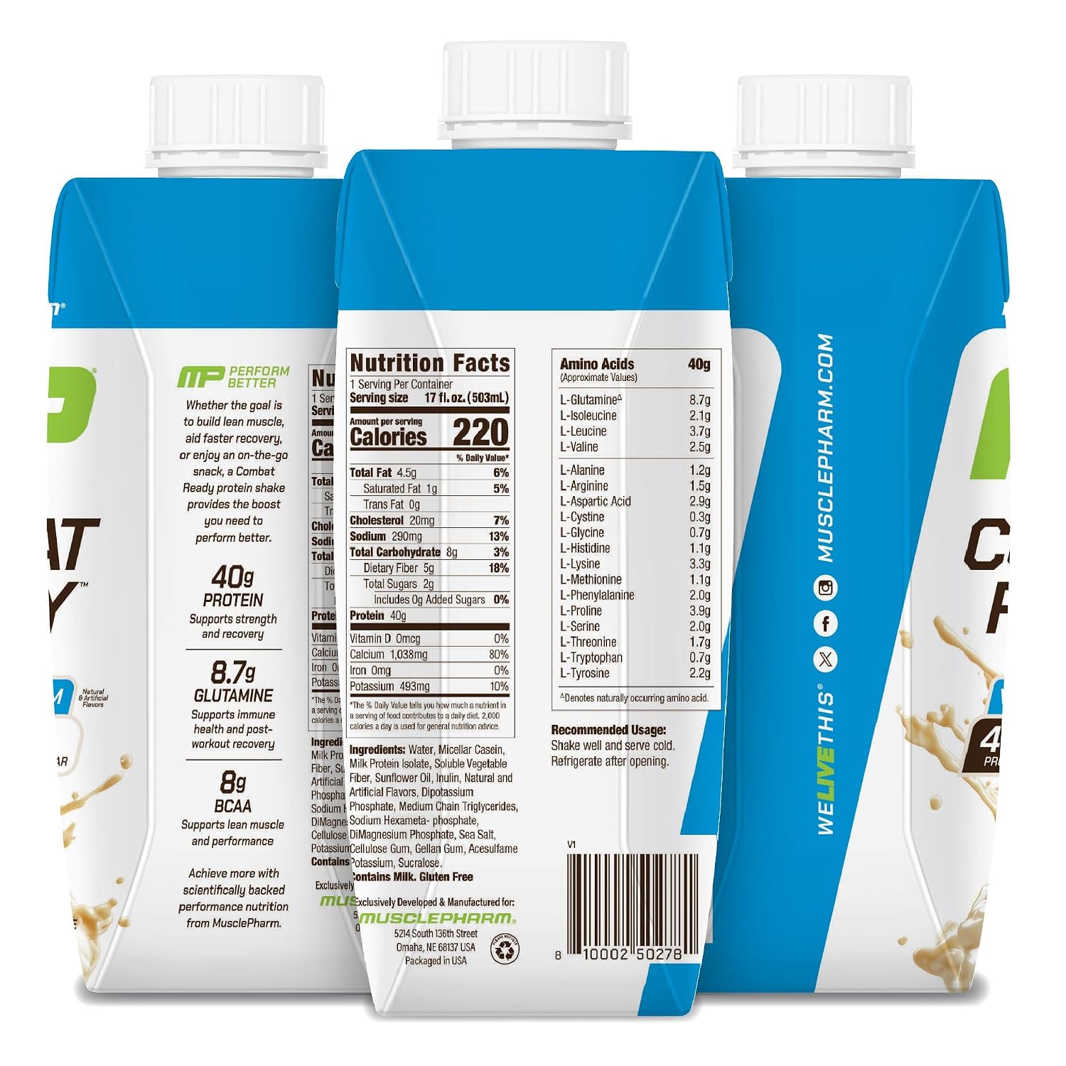 MusclePharm Combat Ready Protein Shake Vanilla Ice Cream Flavor - Pack of 12