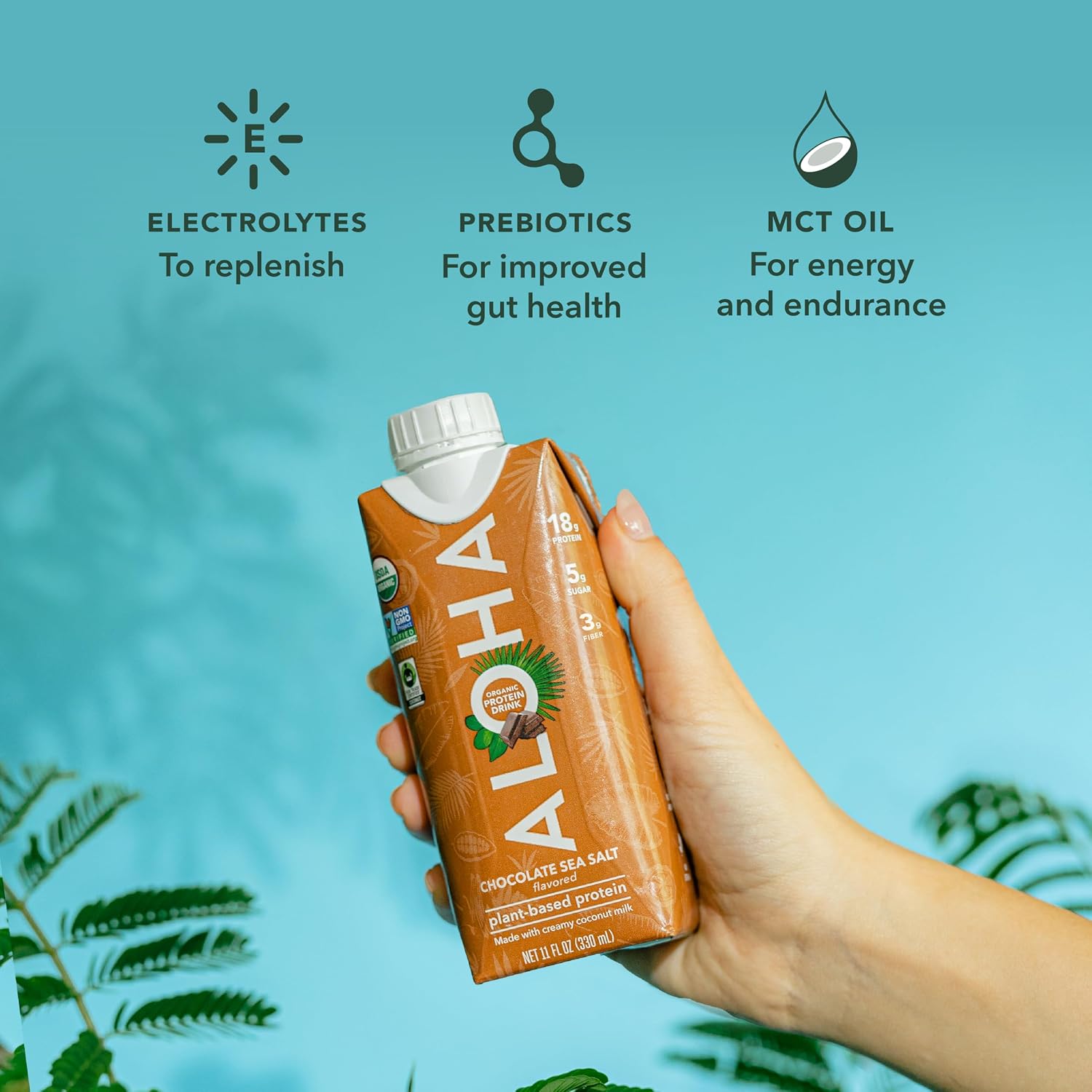 ALOHA Organic Protein Drink, Chocolate Sea Salt, Low Sugar & Dairy Free Ready-to-Drink Protein Shake, Plant Based, Non-Dairy, Clean Ingredients, GLP-1 Friendly, 18g Protein, Gluten Free
