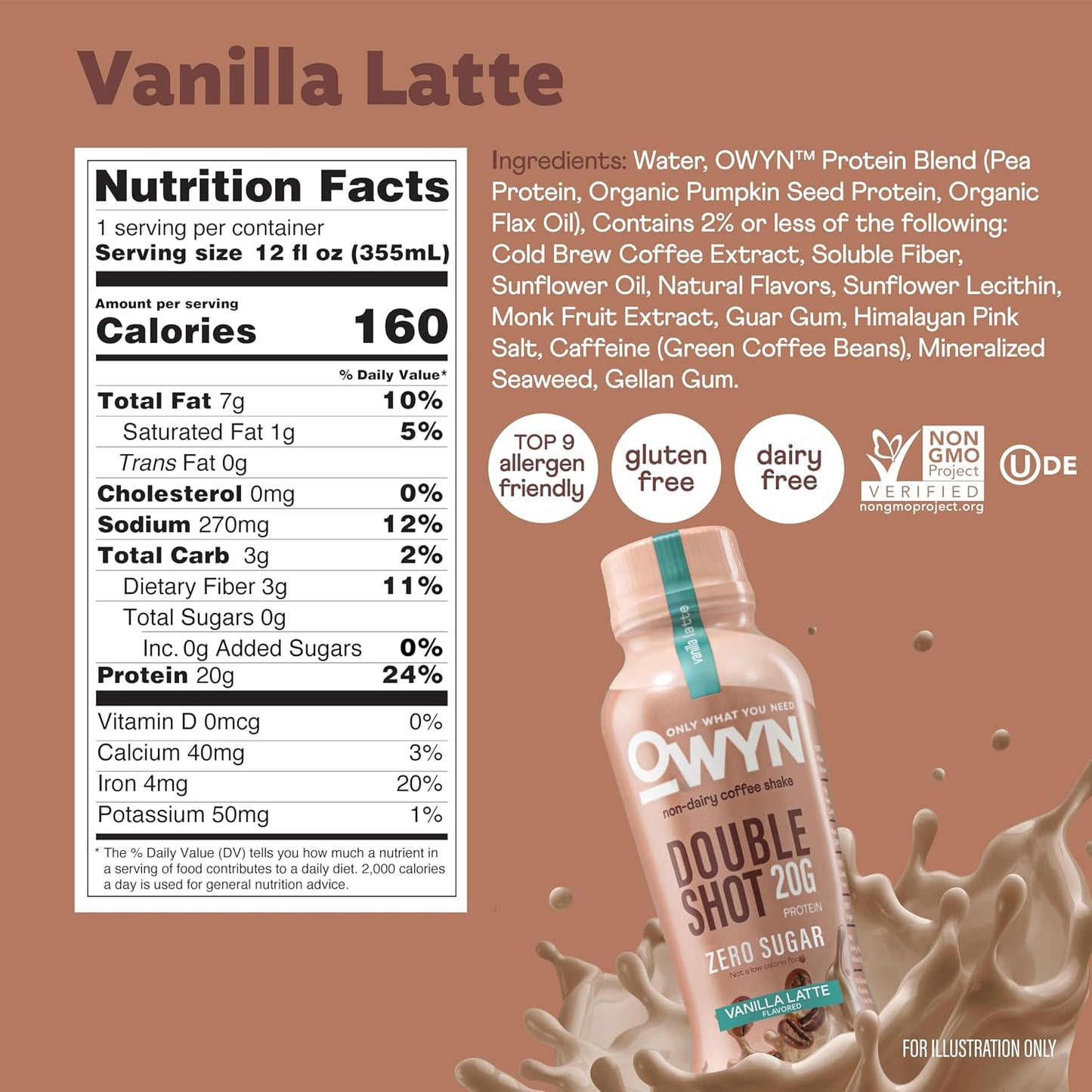 OWYN Only What You Need Vanilla Latte Flavored 20g Protein Shake, 12 Ct | 20g Protein, Zero Sugar, 180mg Caffeine, Dairy Free, Plant Protein, Gluten Free, Individual 12fl oz Bottles