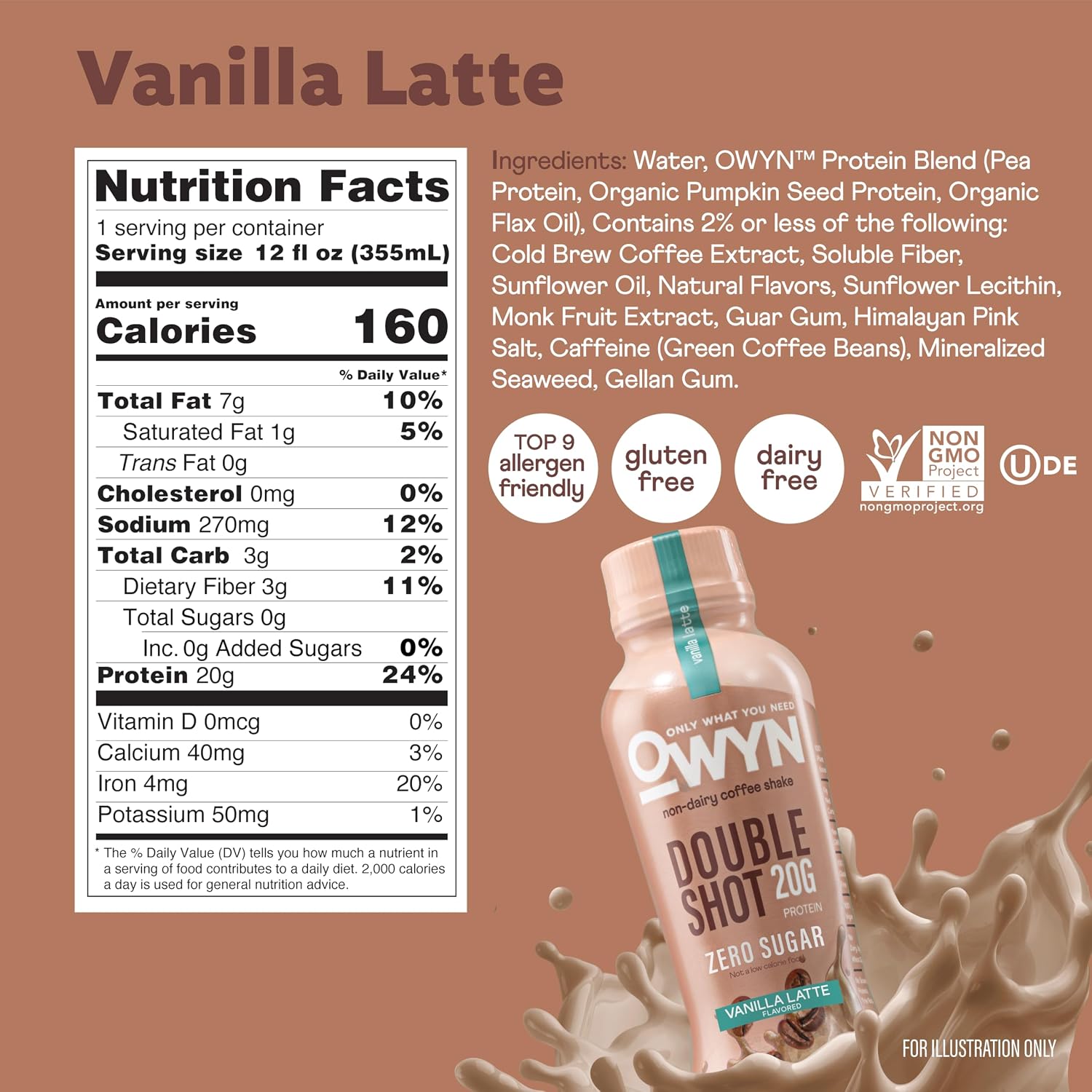OWYN Only What You Need Vanilla Latte Flavored 20g Protein Shake, 12 Ct | 20g Protein, Zero Sugar, 180mg Caffeine, Dairy Free, Plant Protein, Gluten Free, Individual 12fl oz Bottles