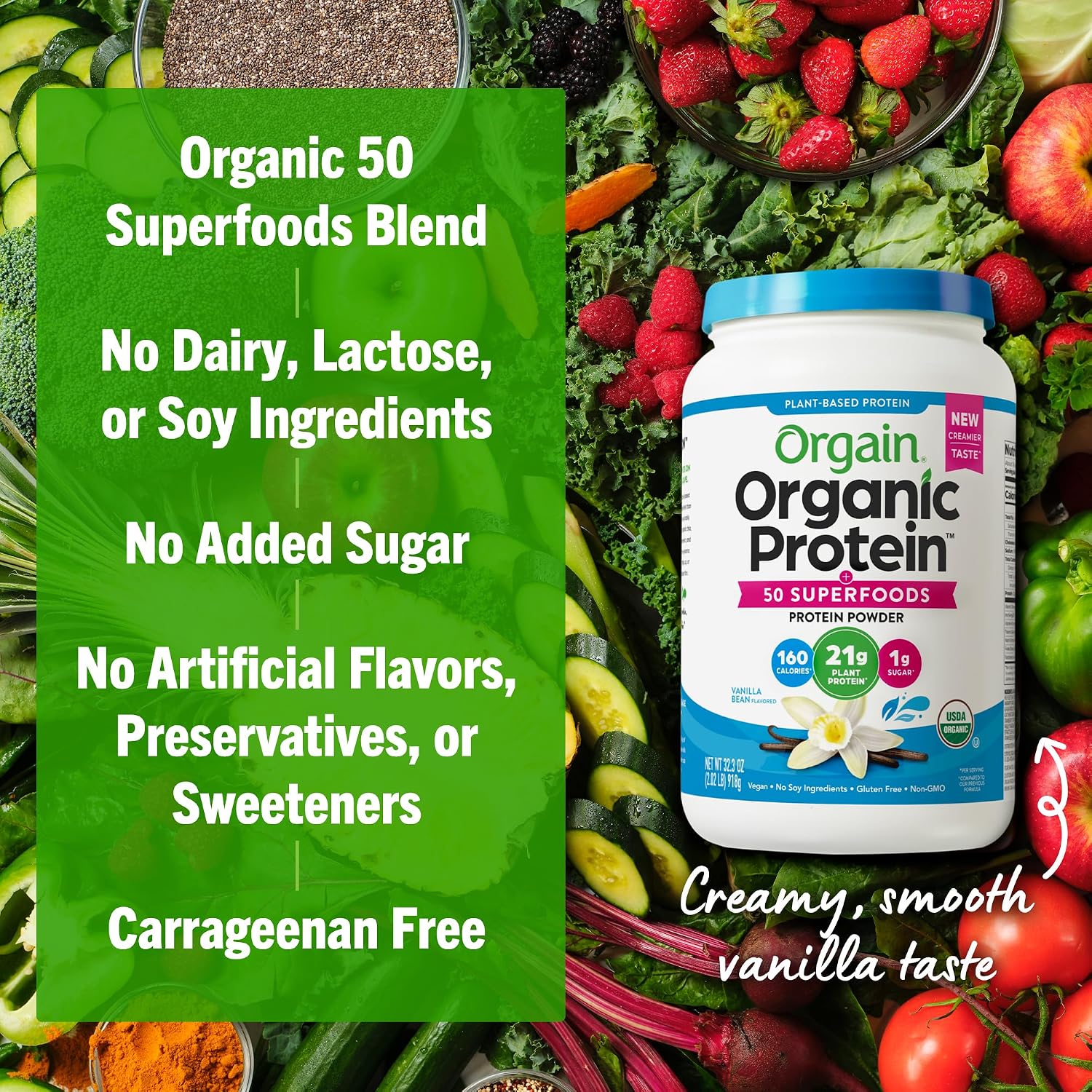 Orgain Organic Vegan Protein + 50 Superfoods Powder, Vanilla Bean - 21g Plant Based Protein, 8g Prebiotic Fiber, No Lactose Ingredients, Gluten Free, No Added Sugar, Non-GMO, 2.02 lb